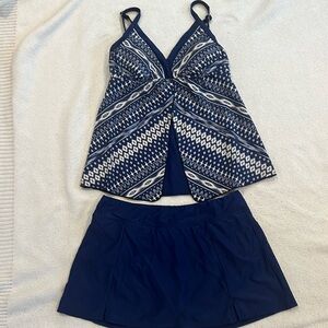 Blue and white tankini with adjustable straps size 10, skirt bottom size 8